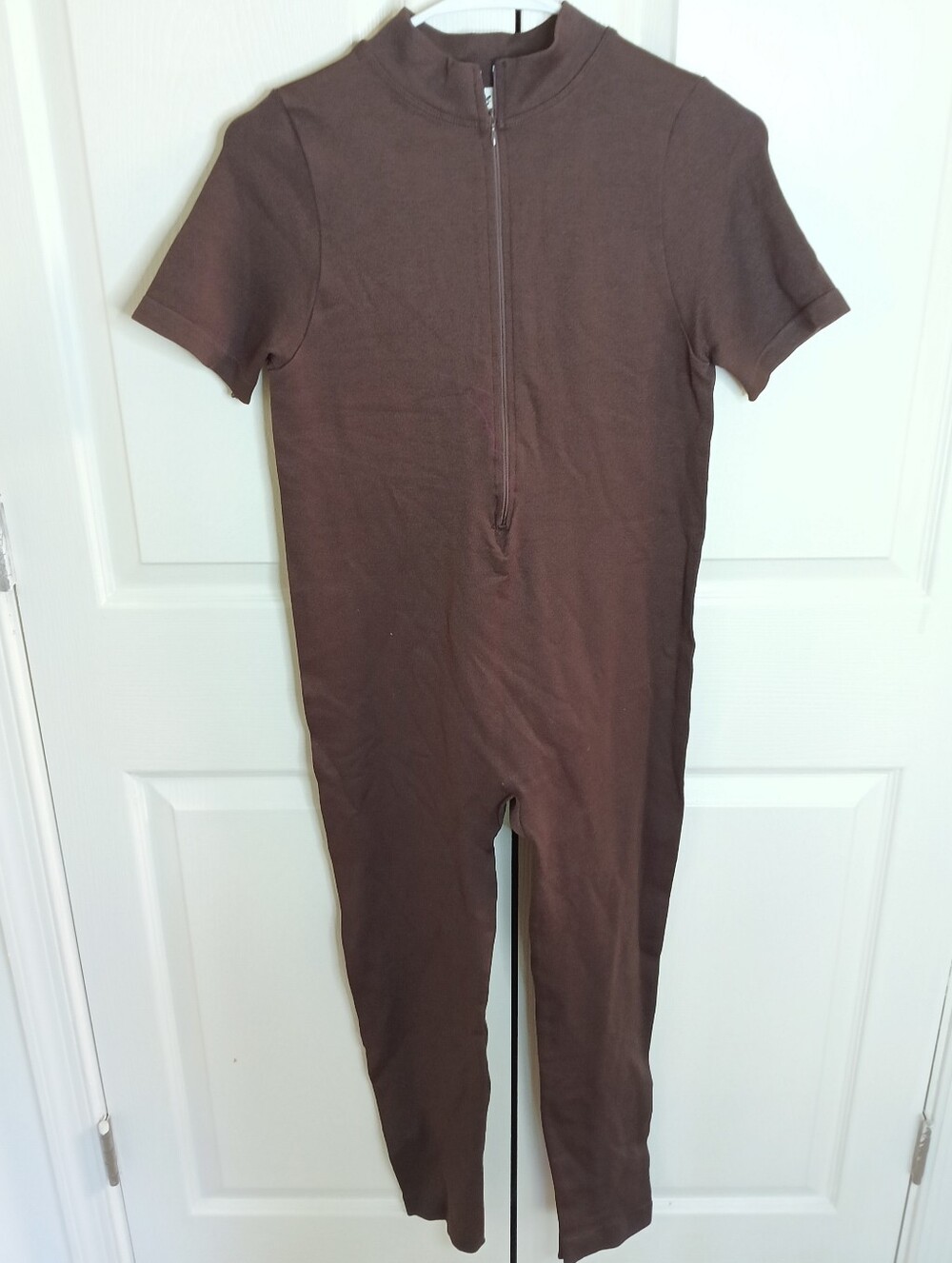 Brown Short-Sleeve Zip-Front Jumpsuit